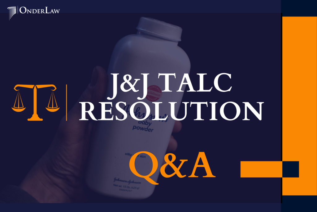 J&J powder with white words that say J&J Talc Resolution and orange words that say Q&A